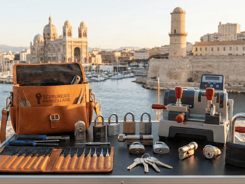 Établi professionnel avec outils de serrurerie, clés et cylindres de sécurité prêts pour une intervention sur Marseille et Aix.